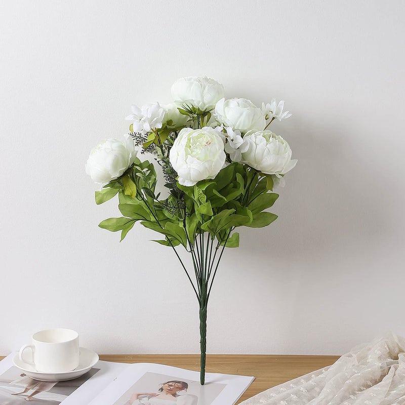 Duovlo باقة Duovlo Springs Flowers من الحرير الاصطناعي الفاوانيا لتزيين المنزل والزفاف حزمة من 1 (أبيض ربيعي) - Image 3